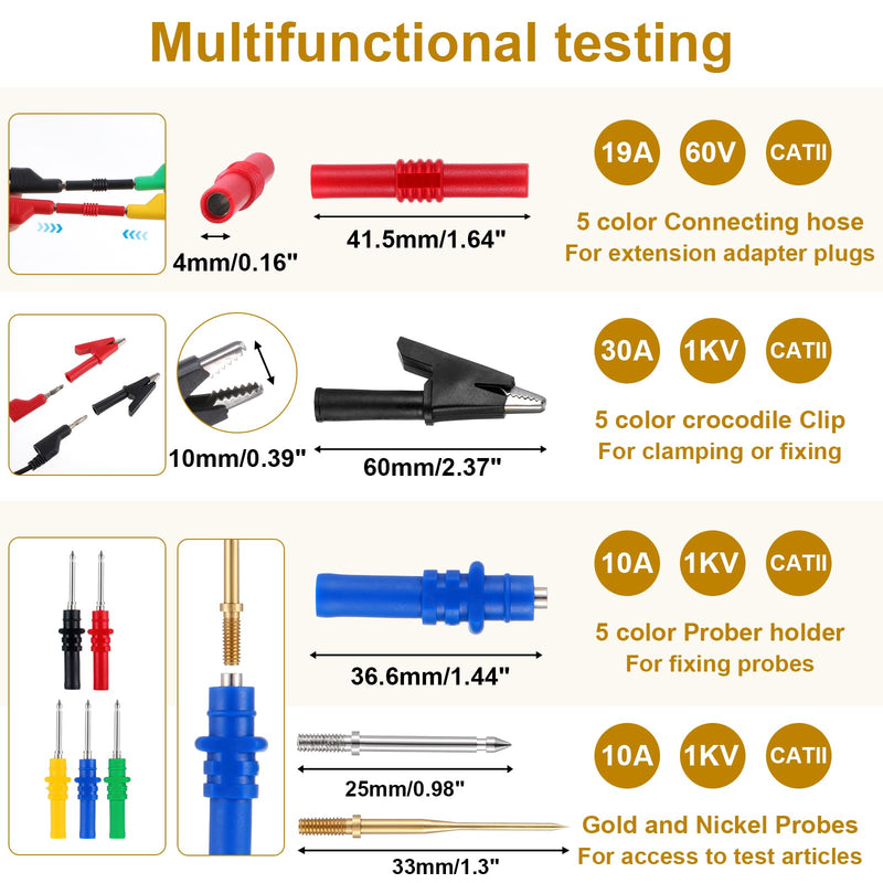 [Australia - AusPower] - 30 PCS Banana Plug Silicone Test Leads Kit, 4mm Stackable Colorful Silicone Banana Plug with Threading Probe, Connection Hose, Alligator Clips, Probe Holder, 100cm Test Probe Leads Wire Cable 