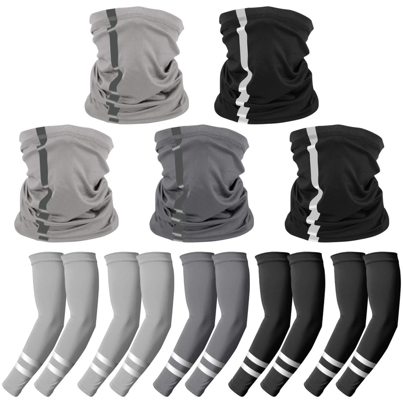 10 PCS UV Protection Reflective Strap Arm Sleeves and Neck Gaiter Reflective Safety Bandana for Outdoor Activities Light Grey + Dark Grey + Black