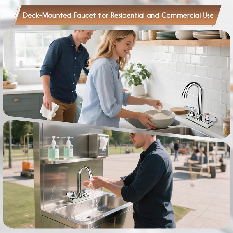 Commercial Bar Sink Faucet 4 Inch Center Deck Mount, 3-1/2" Gooseneck Swivel Spout Hand Sink Faucet, 2 Hole Brass Constructed & Chrome Polished with Dual Lever Handles 4" Center 3-1/2" Spout