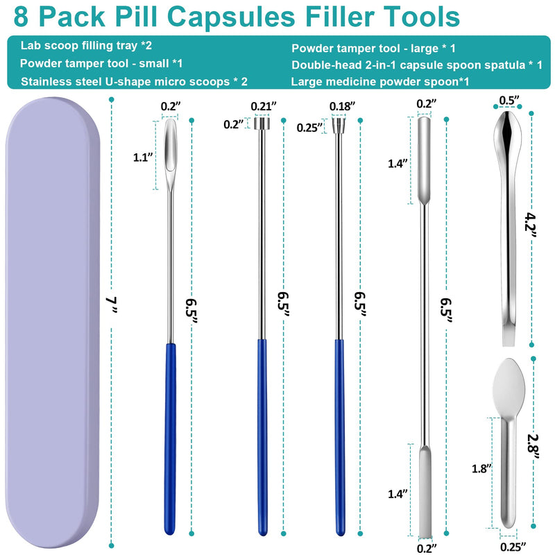 [Australia - AusPower] - 8 Piece Capsule Filling Machine Kits for Empty Pill Capsules Filler, Home & Lab Supplies - Micro Tiny Spoon Spatula, Lab Scoop Filling Tray, Herb Powder Tamper Tool, Gel Capsules Size #000 00 0 1 2 3 