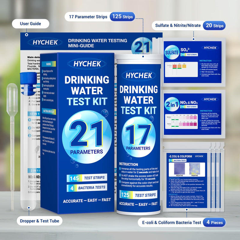 [Australia - AusPower] - 21 in 1 Drinking Water Testing Kit, 145 Strips + 4 Bacteria Tests, Well and Home Tap Water Test Kit, Accurate Test Strips for Lead, Fluoride, Chlorine, Hardness, pH, Iron, Copper, and More 