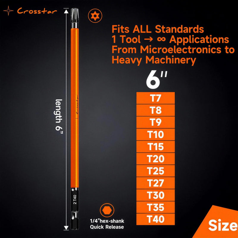 Crosstar 3" and 6" Impact Long Torx Bit Set 29pc (TT7-TT40) S2 Steel Security Tamper Proof Star Bits, 1/4" Hex-Shank Magnetic Holder & Storage Box w/Magnetizer T7-T40 (3IN & 6IN)