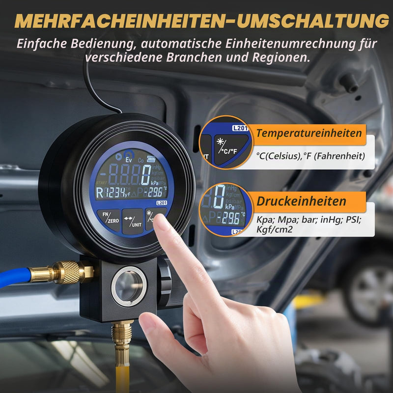 Digital Air Conditioning Pressure Gauge, Pressure Vacuum and Leaks | Refrigerant filling, compatible with 24 refrigerant types R32 R1234yf R134a, ±0.5% FS accuracy, digital vacuum gauge