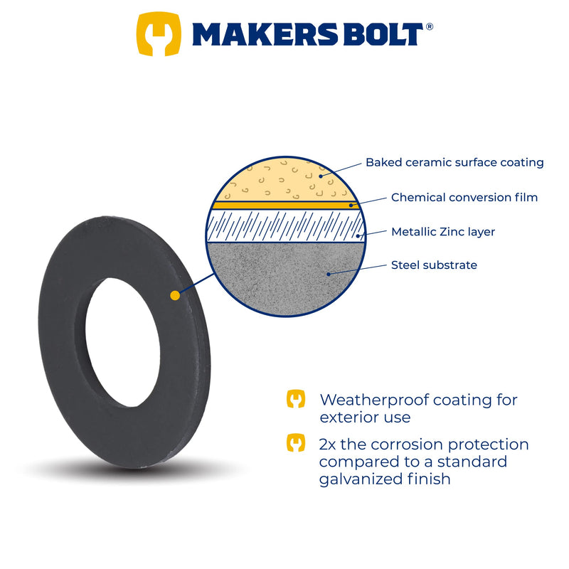 [Australia - AusPower] - Black Washer Fits 3/8" Diameter Screw Size (50 pcs), 13/16" Outside Diameter, Steel with Weatherproof Black Ruspert Coating for Outdoor Use by Makers Bolt 3/8" (.406ID x .813OD x 0.051TH) 