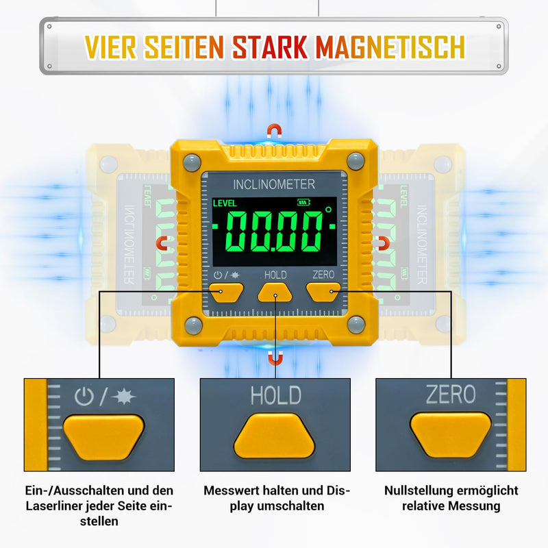 Digital Laser Protractor with Inclinometer Laser Level | 4-Sided Magnetic Adhesion, Dustproof, High Precision & Robust - for Construction, Crafts & Industry - Yellow