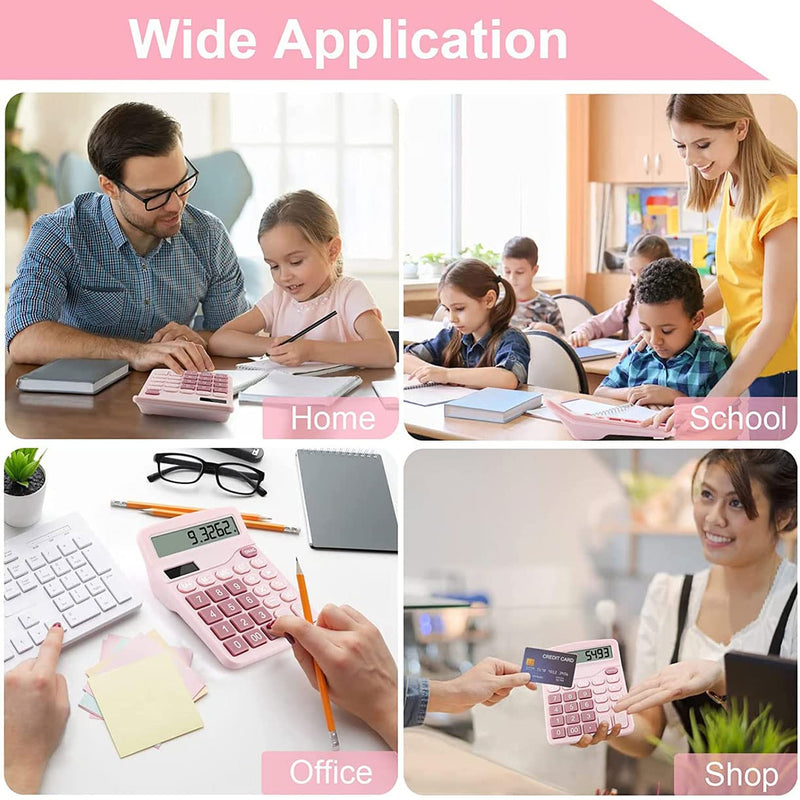 [Australia - AusPower] - Office Calculators Desktop, 12-Digit Dual Power Cute Calculator with Large LCD Display Big Button for Office Home and School (Pink) Pink 