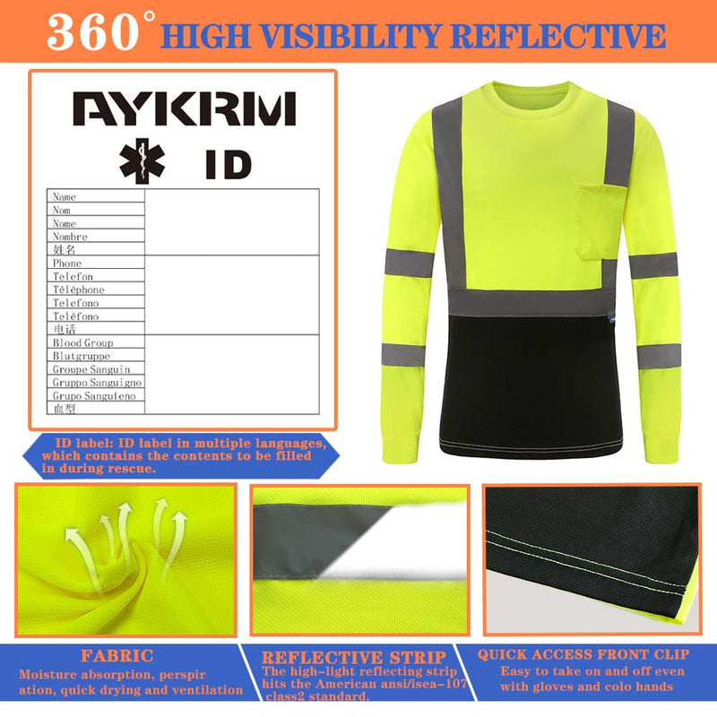 AYKRM Safety T Shirt Reflective High Visibility hi vis Long Sleeve T Shirt (XS-6XL) Large Yellow3
