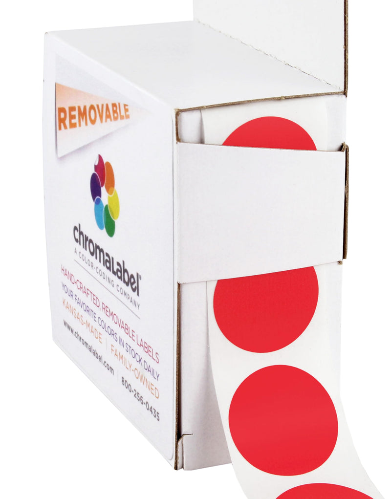 ChromaLabel 1 Inch Round Label Removable Color Code Dot Stickers, 250 Labels per Dispenser Box, Red 1" Diameter