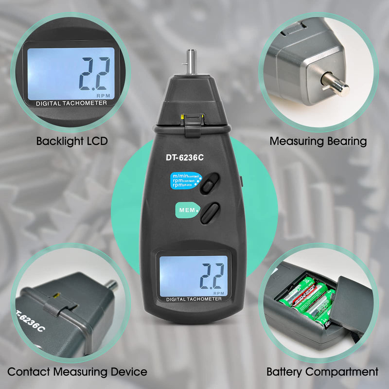 [Australia - AusPower] - Digital Tachometer Handheld Photo Speedometer GR-6236C Non-Contact Range with Max/Min/AVG Data Holding Functions Rotation Speedometer Photo Speedometer with Reflective Tape 