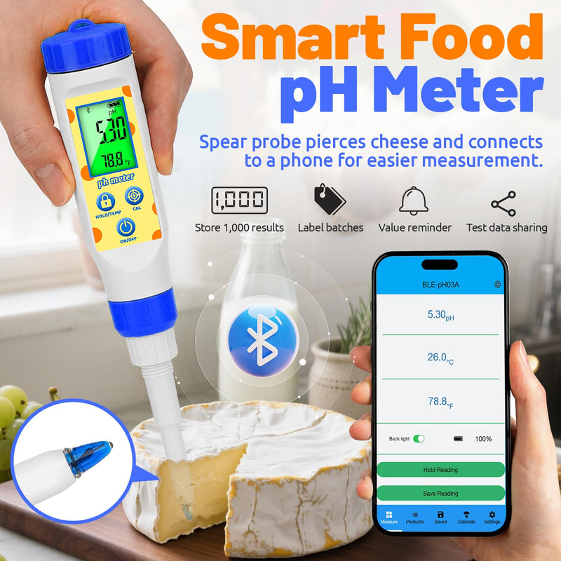 [Australia - AusPower] - Smart pH Tester for Food and 15 Pack pH Calibration Buffer Powder for Food Fermentation, Digital Food pH Meter with pH 7.00/4.00/10.01 Calibration Solution Powder Kit for Kombucha Meat Sourdou 