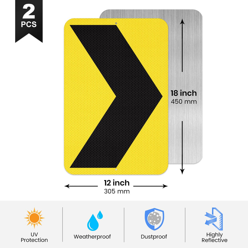 2 Pack Chevron Arrow Sign 18 × 12 Inch Engineer Grade Reflective Aluminum Waterproof Rust-Free Metal Right Arrow Sign with Pre-Drilled Holes for Road Driveway Curve Outdoor Black,Yellow 18" × 12" Right Arrow