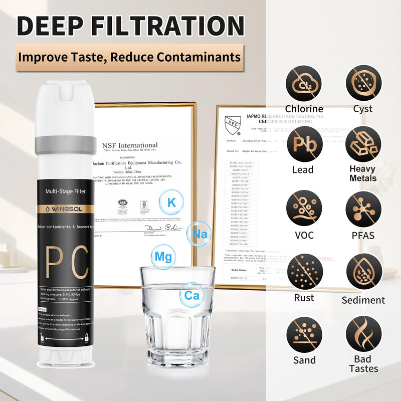 WINGSOL Under Sink Water Filter System with Chrome Faucet, NSF/ANSI 42&53 Anti-Clog Pleated Filter Quick Change EZ Install, Reduce PFAS/Lead/Chlorine/Sediment, Long-Lasting Water Filter WS-QC-001 (F)