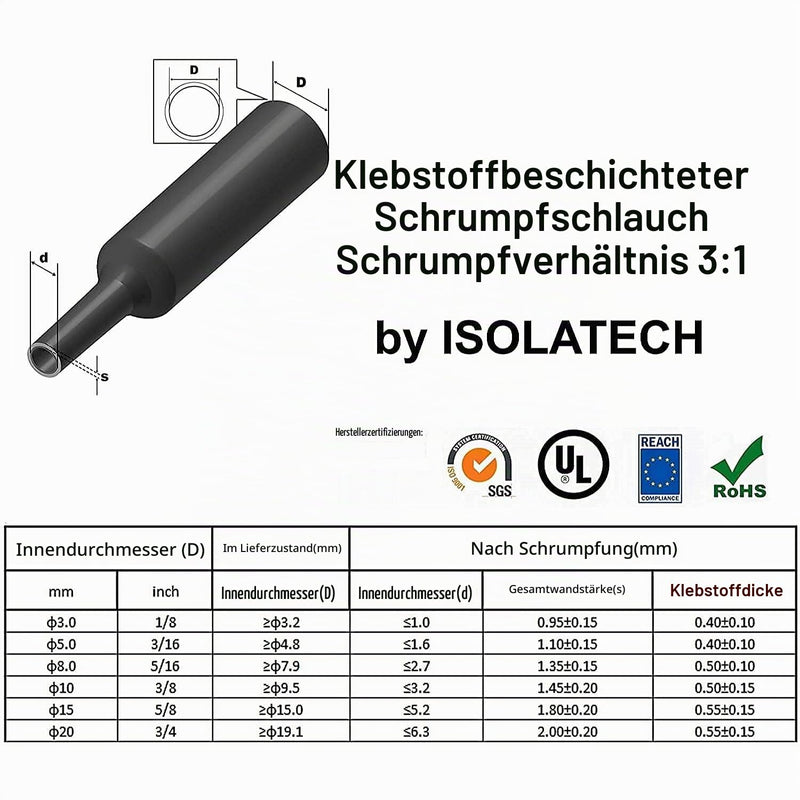 142-piece set 3:1 with adhesive heat shrink tubing assortment Set with total length of 8.3 m. Waterproof thanks to hot glue layer on the inside. By Isolatech. | Blank 8.3 m total length, in plastic bag, hot glue layer for waterproof connections, made o...