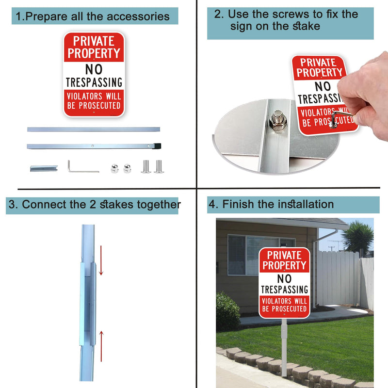 Large (2 Pack) No Trespassing Sign Private Property, 10 x 14 Inches Metal Signs Includes 36" Alloy Long Stake for Easy Installation, Rust-Free& Fade Resistant 10" x 14" with stake