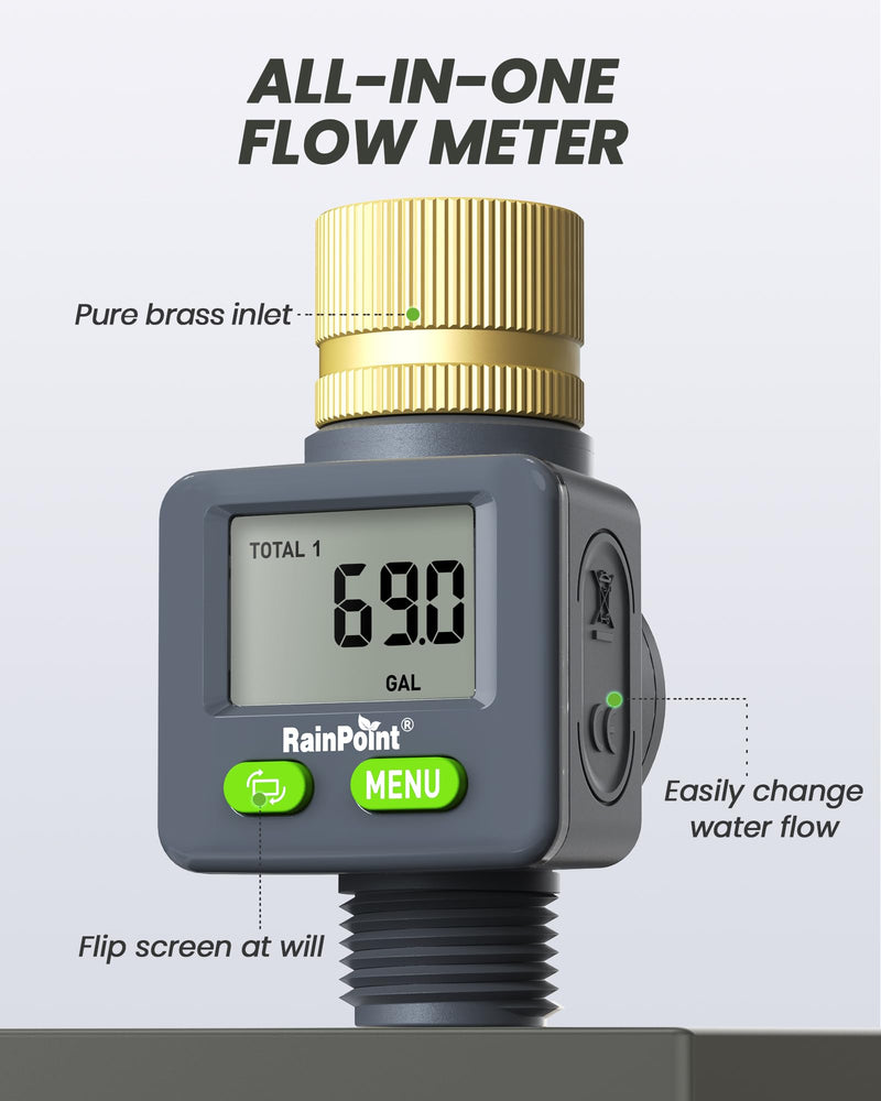 [Australia - AusPower] - Rainpoint Water Flow Meter with Brass Inlet, 180°Screen-Flip Garden Hose Flow Meter, Measure up to 9999.9 Gallon/Liter Consumption & Flow Rate for RV, Garden Hose, Sprinkler & Nozzle Sprayer 