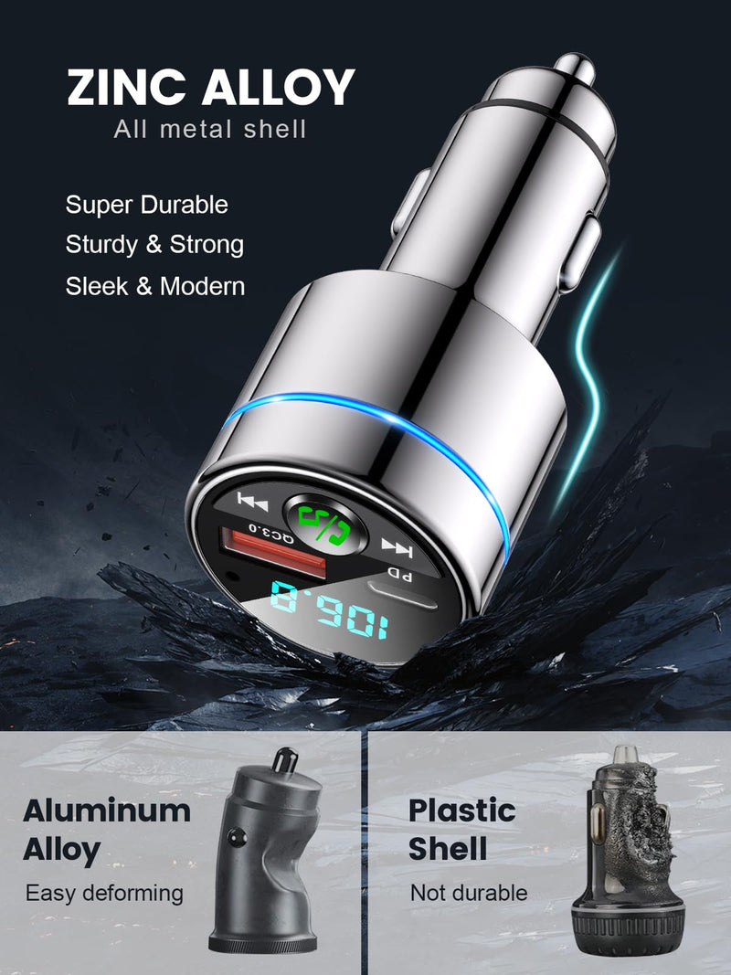 [Australia - AusPower] - FM Transmitter for Car Bluetooth 5.3, [All-Metal] PD 30W & QC3.0 18W Fast Car Charger, Wireless FM Radio Car Kit Bluetooth Car Adapter, Noise Cancelling Hands-Free Call, Blue Light - Silver 