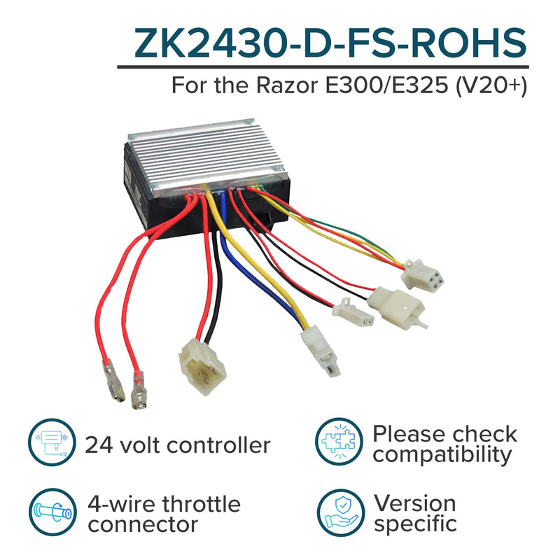 AlveyTech ZK2430-D-FS 4-Wire Controller for The Razor E300/E325 (Ver 20+) - Versions 20+ Only, Replacement Control Module for Electric Scooter/Bike, Motor Speed Control with 4-Wire Throttle Connector
