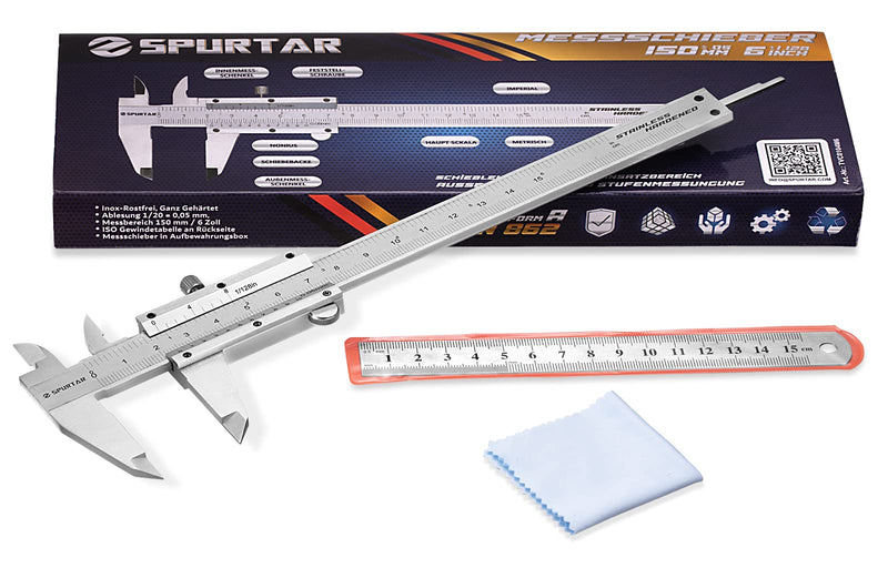 [Australia - AusPower] - Spurtar Vernier Calliper 150 mm Analogue 1/20 Vernier Reading: 0.05 mm Precision Stainless Steel Vernier Caliper Analogue with Locking Screw, Thread Table incl. Case 