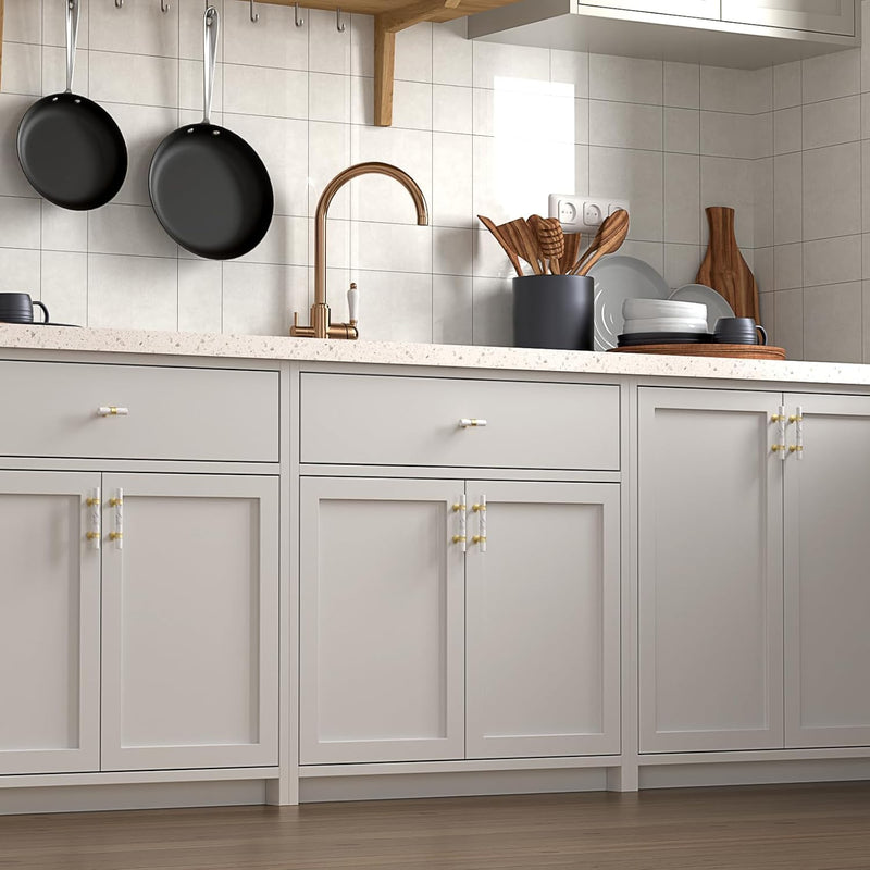 Haliwu 15 Pack Singel Hole Center Black Cabinet Pulls Black&Gold Cabinet Handles, Barrel Gold Dresser Drawer Pulls for Kitchen Hardware T-Bar Knob White Marble & Matte Gold