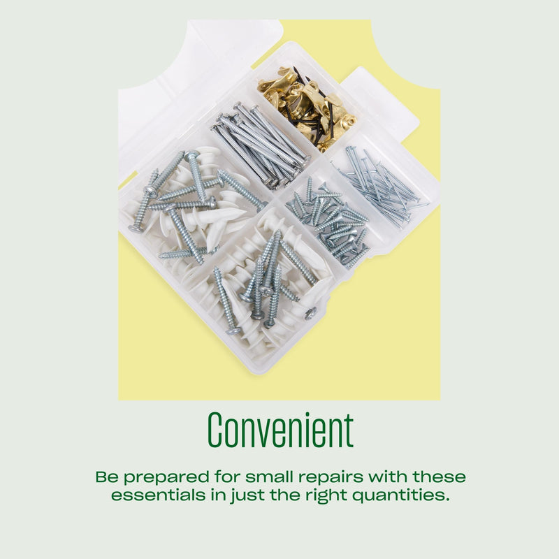 [Australia - AusPower] - Character The Essential Hardware Set, Assorted Nails, Screws, Drywall Anchors, and Picture Hanging Hooks with Storage Box, 115 pieces 