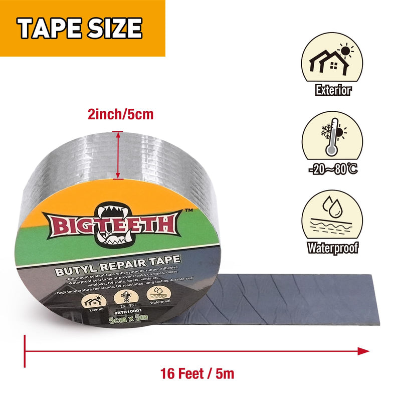 BIGTEETH Aluminum Waterproof Butyl Repair Tape - 2 inch x 16 feet for Pipes, Doors, Windows, RV Roofs, Boats, Vents, etc