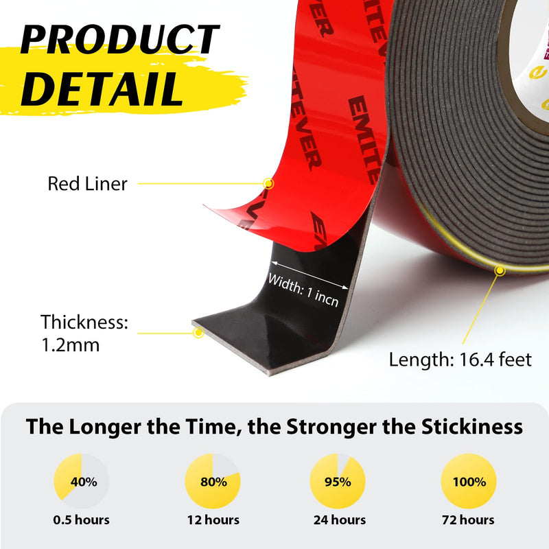 EMITEVER Heavy Duty Double Sided Tape 2 Rolls, 1 Inch x 16.4FT Acrylic Foam Mounting Tape, Two Sided Adhesive Tape, Waterproof & Strong Double Stick Tape for Walls, Automotive, Home Office Decor 16.4 feet x 1 inch (2 Pack)