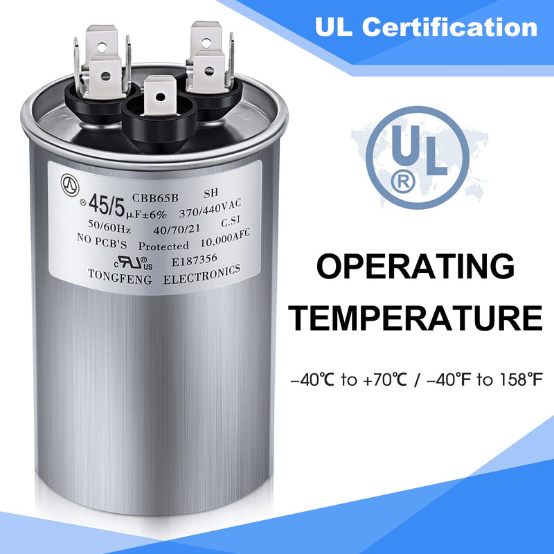 [Australia - AusPower] - Frienda 45+5 MFD 45/5 uf ±6% 370V or 440V VAC Dual Run Round Capacitor, 45 5 Start Capacitor for AC Air Conditioning Unit, Condenser Straight Cool or Heat Pump (1 Pcs) 1 