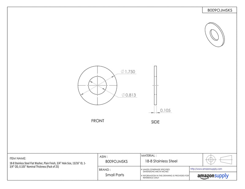 [Australia - AusPower] - Small Parts 7528WF188 18-8 Stainless Steel Flat Washer, Plain Finish, 3/4" Hole Size, 13/16" ID, 1-3/4" OD, 0.105" Nominal Thickness (Pack of 25) 3/4" 0.812 Inches 1.75 Inches 0.105 Inches 