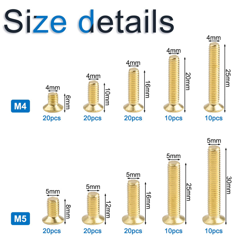 [Australia - AusPower] - Machine Screws, 160 Pcs M4 M5 10 Sizes Brass Flat-Head Bolts Phillips Drive Machine Screws Assortment Kit 