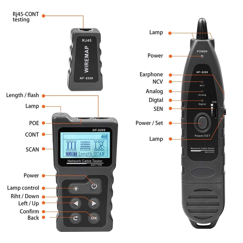 [Australia - AusPower] - NOYAFA NF-8209 Advanced Network Cable Tester for poe test/NCV/cat5/cat5e/cat6/cat6a,Length Measurement/Underground Telephone Line Wiremap Tester&Continuity Testing/by TDR Grey 