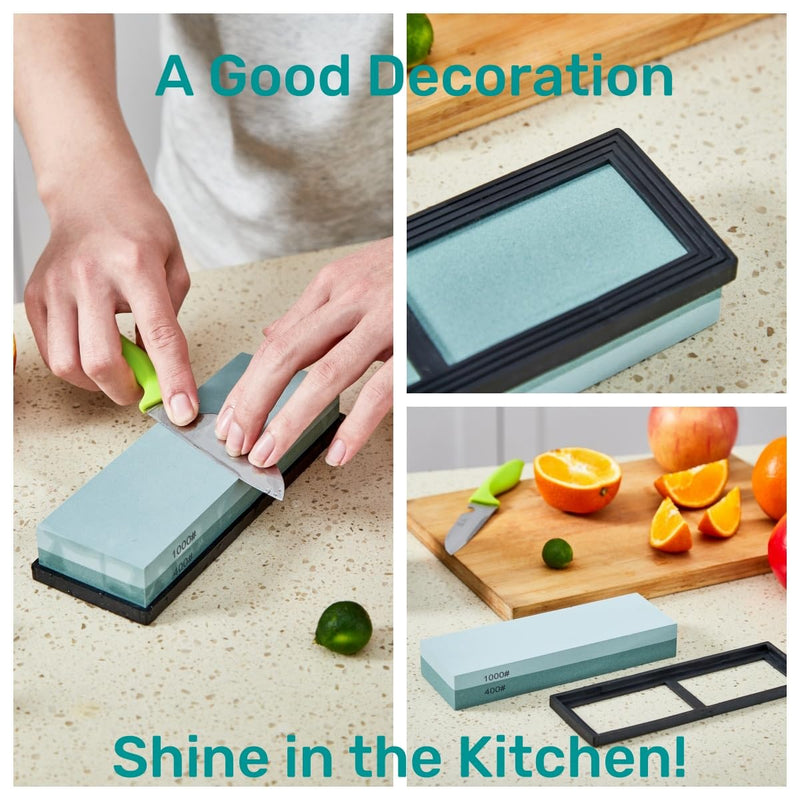 [Australia - AusPower] - Knife Sharpening Stone with Non-slip Rubber Base, 400/1000 Grit Premium Whetstone, Double-Sided Knife Sharpener for Kitchen, Waterstone for Honing Blades Manually 