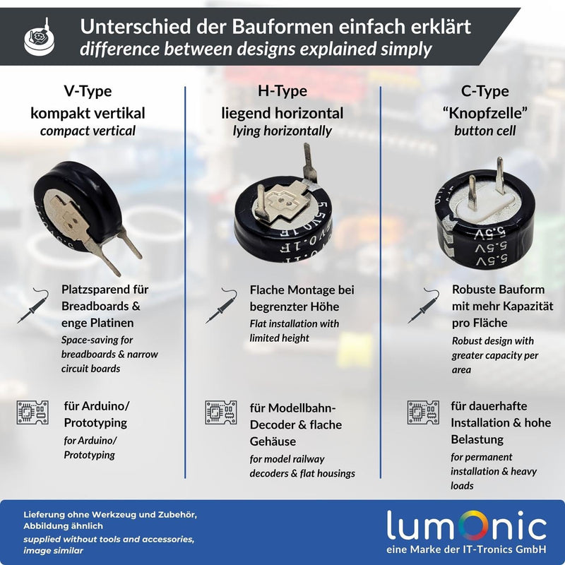 Lumonic 5 x Supercap 0.1F 5.5V C-Type | Direct-to-Use EDLC, High Capacity | 5.5V Monoblock - No Balancing Required | Flicker Protection, Backup, PLC Heating C-type (5x) 0,1F
