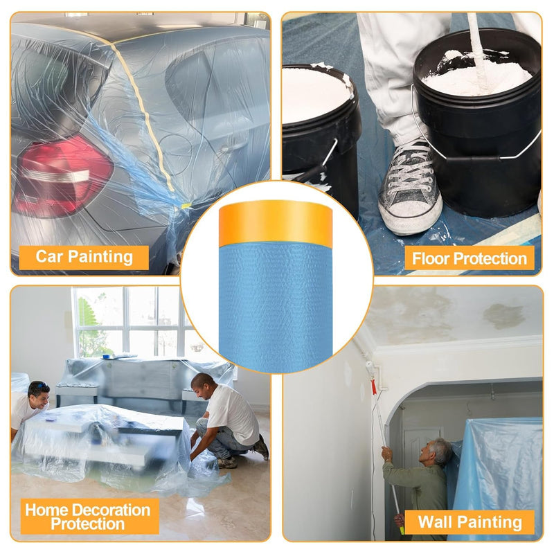 Painters Plastic With Tape,Tape and Drape, Automotive Pre-Taped Masking Film | 1 Roll | Self-Adhesive Painting Drop Film | Plastic Dust Sheets for Decorating, Cars Painting| 60 in x 65 feet