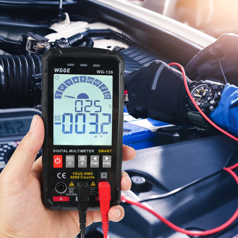 [Australia - AusPower] - WGGE Digital Multimeter Voltmeter Smart Electrical Tester Measures Voltage Current Resistance Continuity Duty-Cycle Capacitance Temperature Frequency Auto Ranging 6000 Counts TRMS 