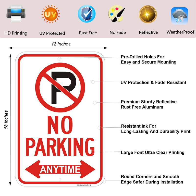 4 Pack Large No Parking Anytime Signs with Arrow, 18x12 Inch Rust-Free Reflective Aluminum, Weatherproof & Fade Resistant for Traffic Control on Streets, Business, Fire Lane. Easy to Install Red White Black- 4 pcs