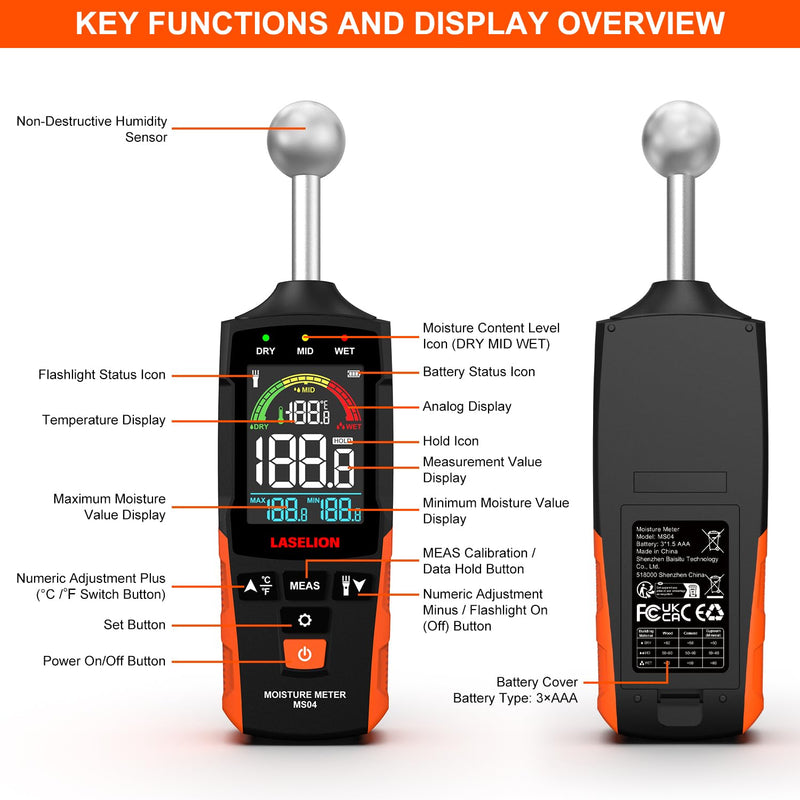 [Australia - AusPower] - MS04 Pinless Moisture Meter with Ball Probe for Non-Destructive Area Scans Ideal for Wood Walls and Construction Materials Customizable Humidity Alarms Built-in Flashlight 