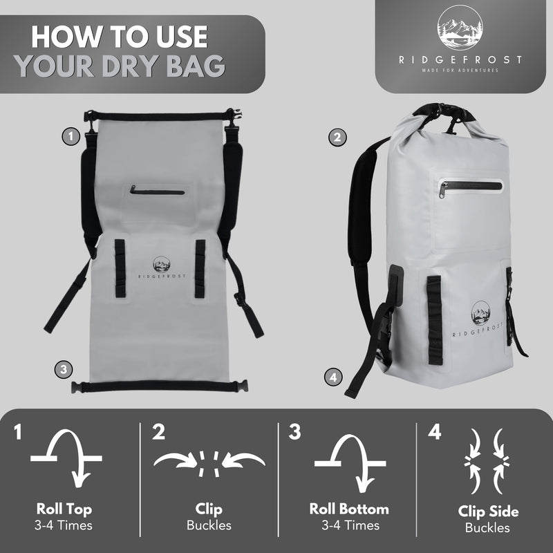 Ridgefrost 20L Dry Bag | Waterproof w/2 Compartments | Dry Bag for Beach & More | Lightweight Roll-Top & Roll-Bottom backpack Light Grey