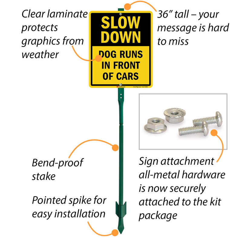 SmartSign 12" x 10" 'Slow Down Dog Runs In Front Of Cars' LawnBoss Yard Sign with 3 ft Stake, 40 mil Aluminum, 3M Laminated Engineer Grade Reflective Material, Black and Yellow