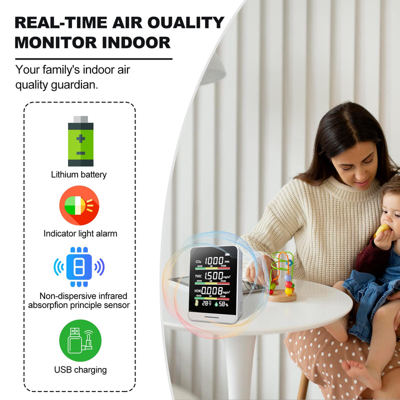 8-in-1 Air Quality Monitor | with Real-Time Temp, Humidity & Clock Display | Portable CO2, HCHO, TVOC, AQI Detector for Home, Office, Car
