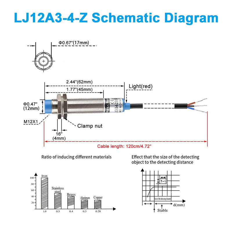 LJ12A3-4-Z BX Proximity Sensor RUIZHI Pack of 5 LJ12A3-4-Z Switch Sensor/Switch Inductive Metal Inductive NPN Normally Open 3-Core DC 6-36V Compatible with Arduino