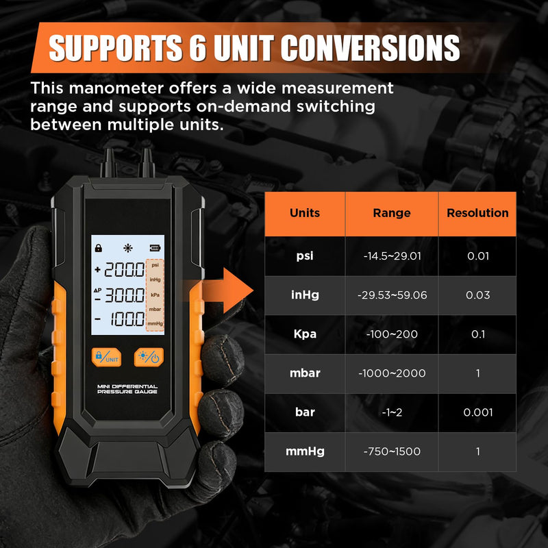 Digital Manometer -101~200kPa Manometer Gas Pressure Tester, Data Zero & Calibration Mini HVAC Gas Pressure Tester with Backlight LCD Display & Data Hold, 6 Units, 7 Adapters
