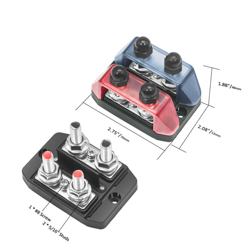 RECOIL Dual Row Busbar Positive and Negative 2 x 5/16” Studs 1 x #8 Screw Terminals Power and Ground Distribution Block with Ring Terminals Red & Black