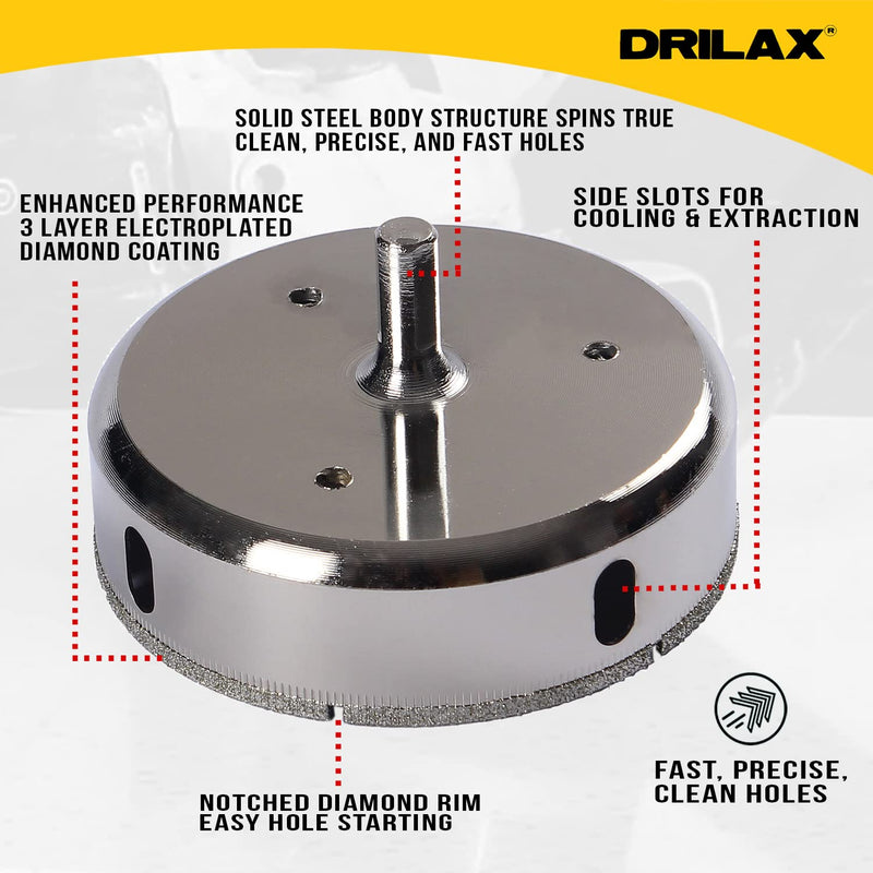 Drilax 3-1/8" Diamond Hole Saw for Tile, Porcelain, Ceramic, Glass, Marble & Granite | Precision Wet Drilling Core Bit | Perfect for Faucets, Pipes & Drain Holes | Professional Grade Tile Cutter 3-1/8 inch