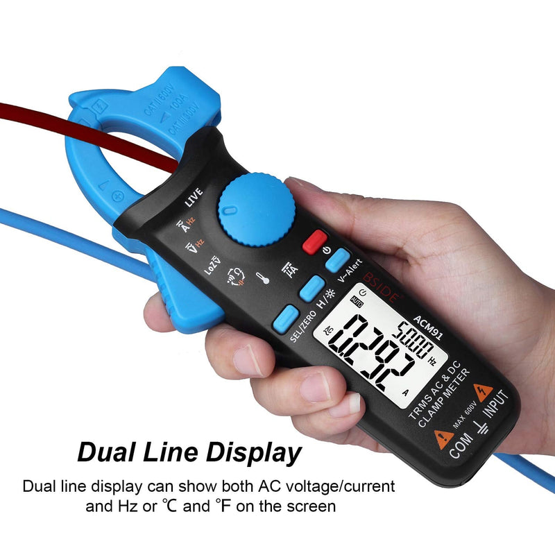 [Australia - AusPower] - BSIDE DC Amp Clamp Meter 1mA Current True RMS Auto-Ranging 6000 Counts Digital Ammeter Hz Temperature Capacitance Live Check V-Alert Low Impedance Voltage Tester with Back Clip Blue 