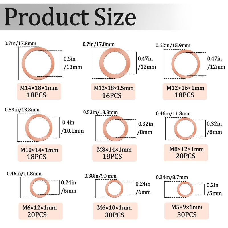 [Australia - AusPower] - 188PCS 9 Sizes Metric Copper Crush Washers Assortment Kit Flat Ring Sealing Washer M5 M6 M8 M10 M12 M14 