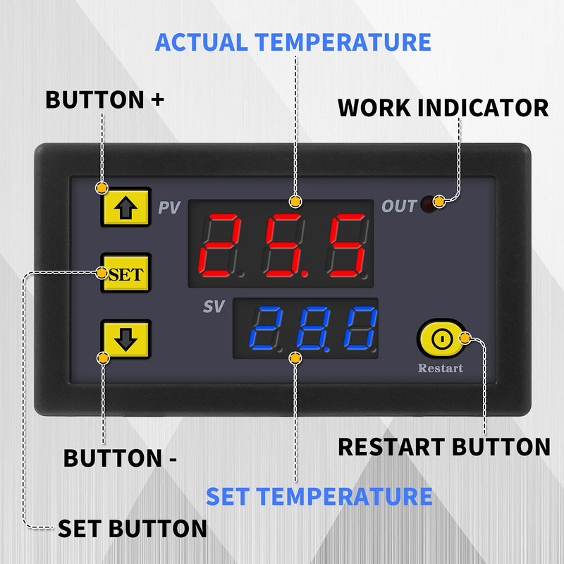 [Australia - AusPower] - Frienda W3230 LCD Digital Thermostat DC 12V 20A Temperature Controller Meter Temperature Switch -50-110 Degrees Celsius with Temperature Sensor High Temperature Alarm LED Display (Pack of 2) 
