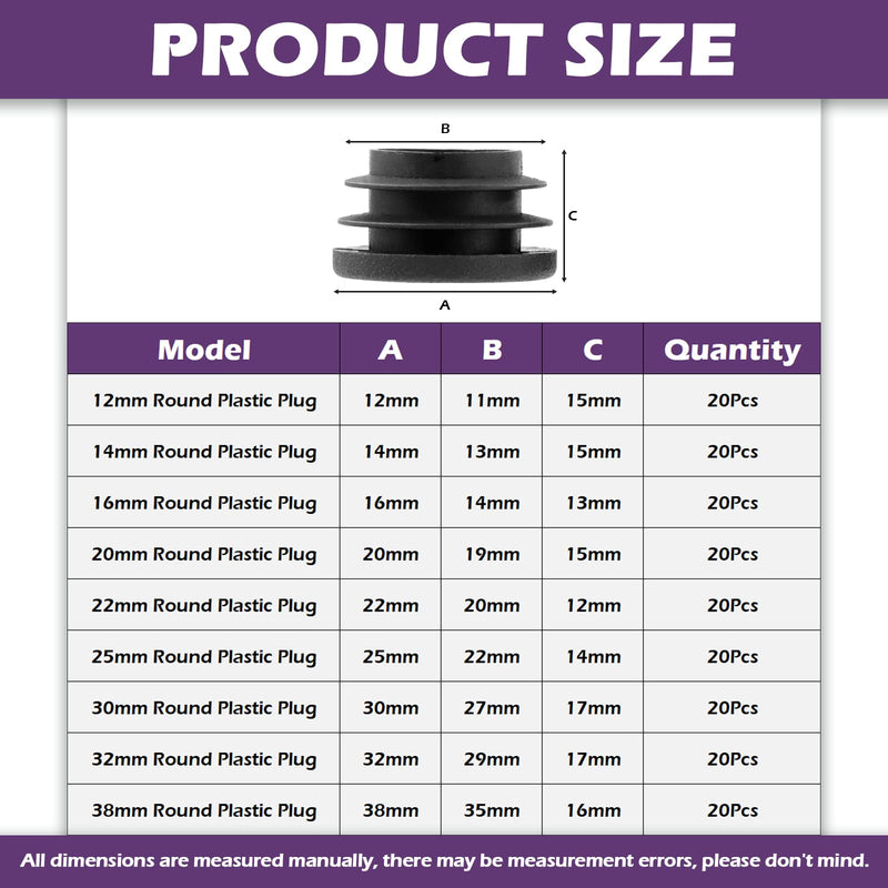 [Australia - AusPower] - Swpeet 180Pcs 9 Sizes 15/32" 11/20" 3/5" 3/4" 9/10" 1" 1-1/5 1-1/4" 1-1/2" Black Round Plastic Plug Tubing End Caps Assortment Kit, Tubing Post End Cap for Metal Tubing and Furniture Protection Glide 