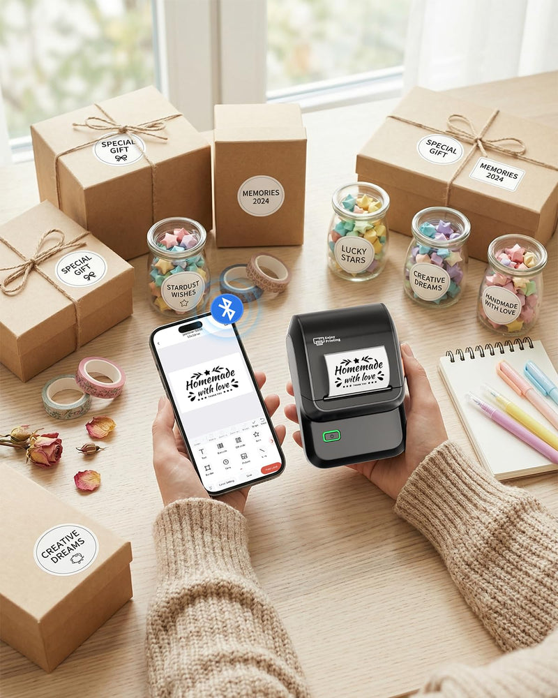 Ponek Label Maker Machine with Tape, M100 Address Barcode Label Printer, Versatile App 4000 Icons and 300 Fonts, Industrial Label Makers for Small Business, Office, Home, School, Safety Label Makers 1 Printer+1 Roll Labels Black