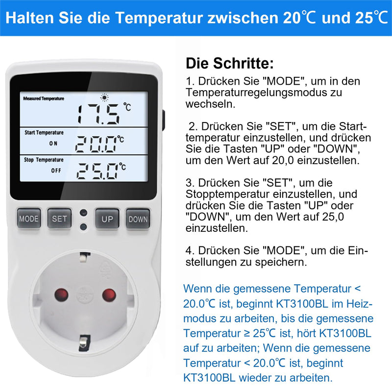 [Australia - AusPower] - KETOTEK Digital Temperature Controller Thermostat Socket 230 V with 3 m Sensor, Sockets Thermostat Heating Cooling Temperature Controlled for Greenhouse Incubator Refrigerator, Backlight KT3100BL with Backlit 