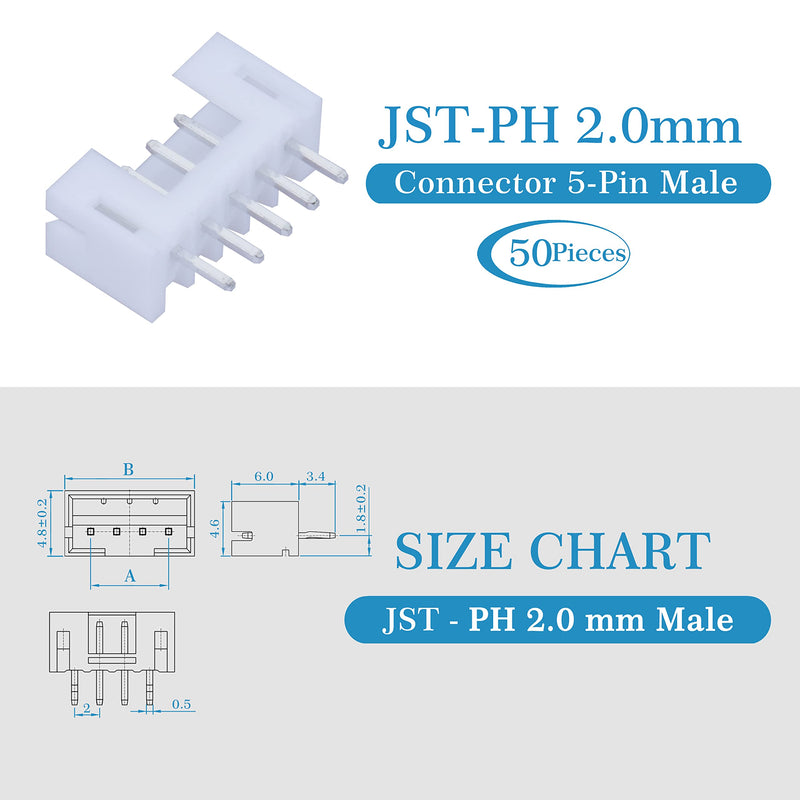 [Australia - AusPower] - JST PH 2.0 mm Pitch 5-Pin Electronic Computer Connector IC Male Plugs, Female Sockets Housing and T-Shaped Crimp Terminal Kit. 50 Sets/350 Pieces Wire-to-Board Adapter Cable Assembly. 